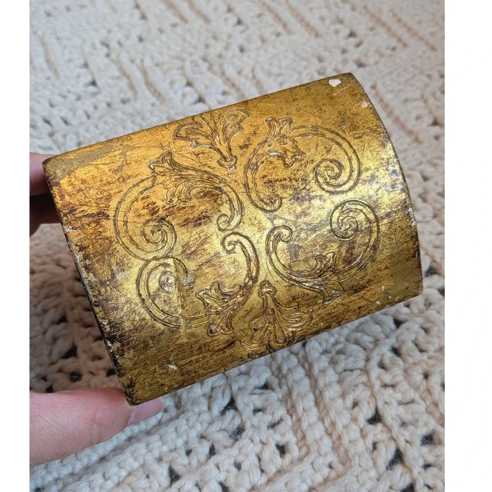 Vintage Florentine Wood Jewelry Box Gold Gilt Domed Trinket Chest Made in Italy